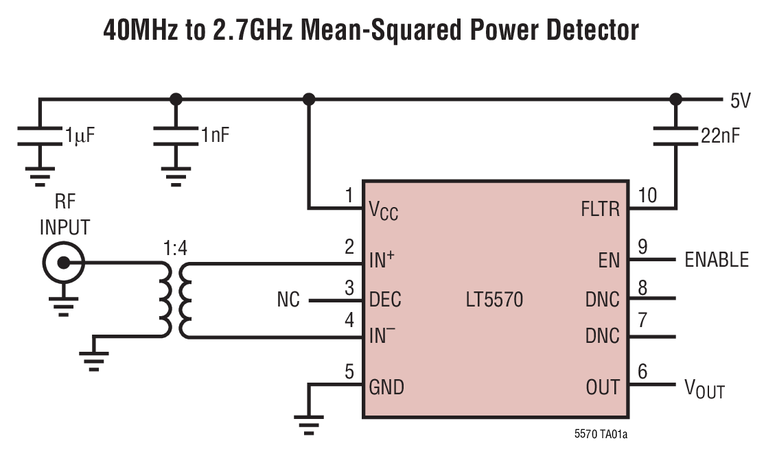 LT5570 快速响应、40MHz 至 2.7GHz 均方功率检波器