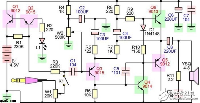 小功率带电子开关的分立otl功放电路图otl电路为推挽式无输出变压器
