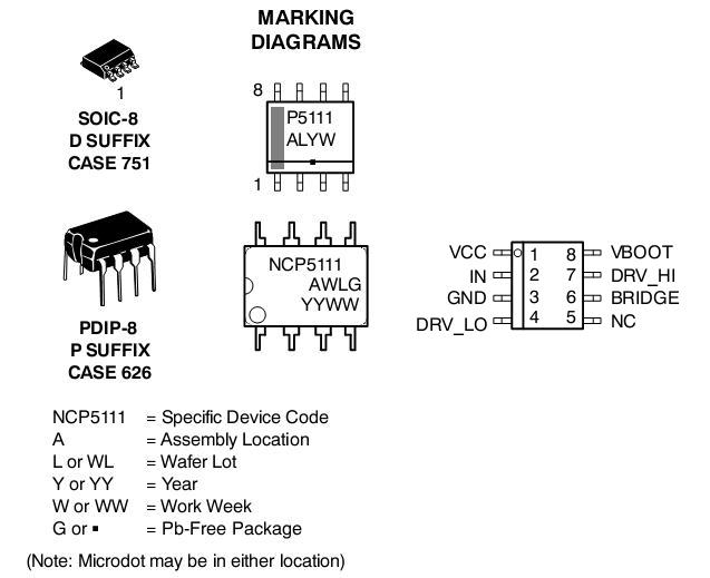 NCP5111 功率MOSFET / IGBT驱动器 单输入 半桥