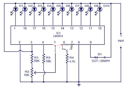 基于LM3914的12V電池電量指示電路圖