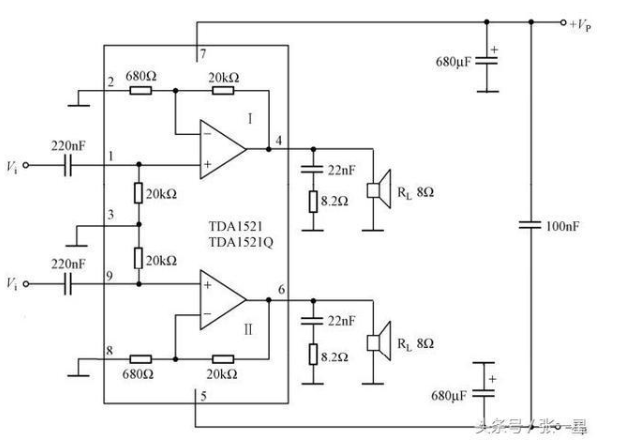 並且使用tda1521 搭建的功率放大電路