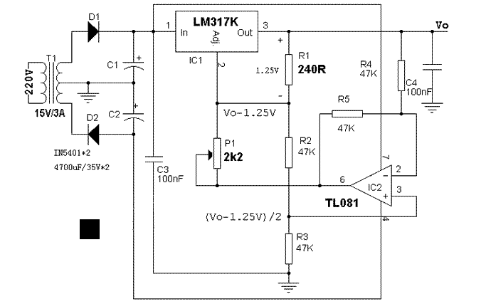 0-12V/3A可调电源的电路图和分析说明