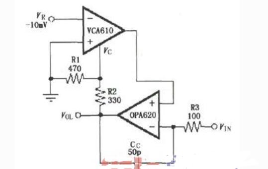 驅(qū)動(dòng)VCA610增益產(chǎn)生的反饋放大電路