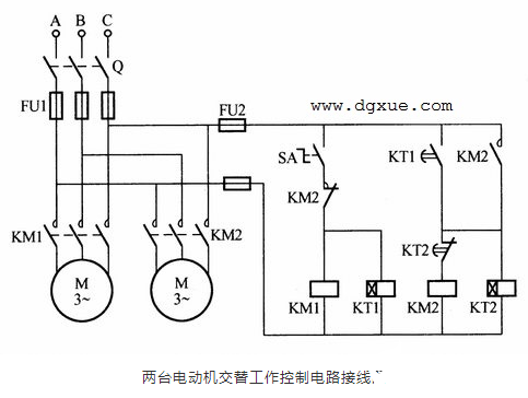 两台三相异步电动机交替工作控制电路接线图