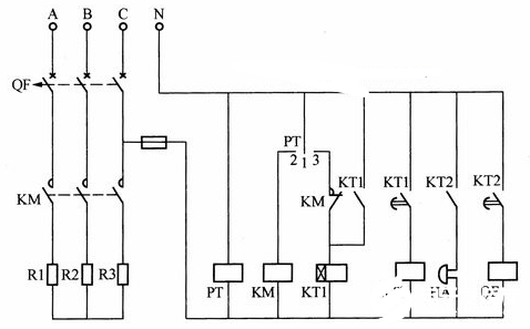 温控仪控制的电加热炉电路主电路选用带有分励脱扣器的低压断路器qf