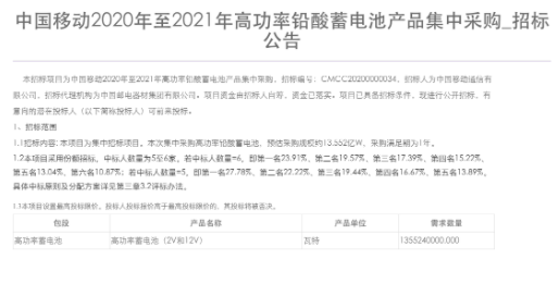 中国移动正式发布2020-2021年高功率铅酸蓄电池产品采购招标公告