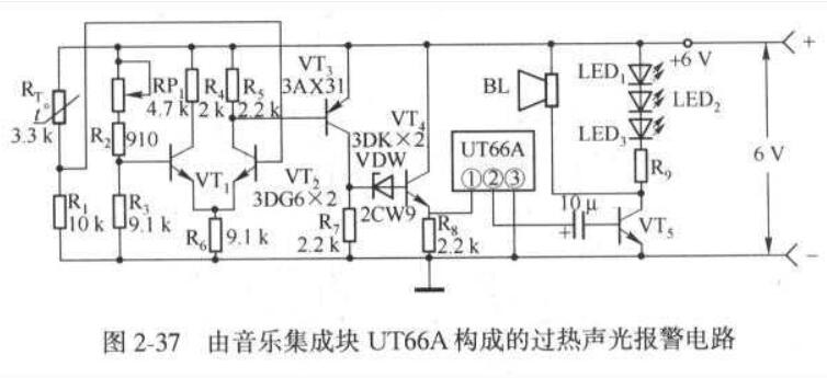 音樂集成塊UT66A構成的過熱聲光報警電路