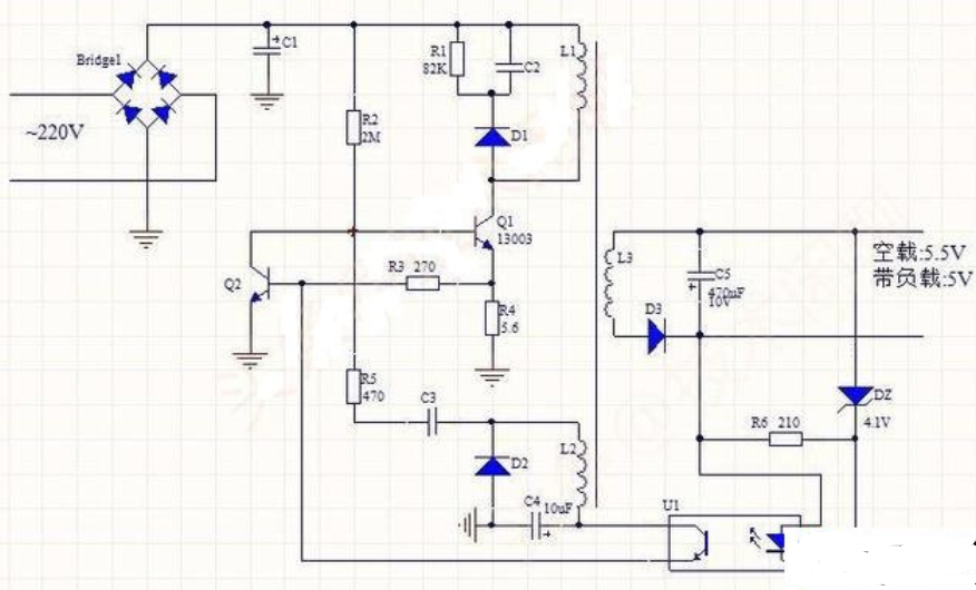 下圖為另一款手機充電器的電路圖,也是採用開關電源的方式設計,區別是