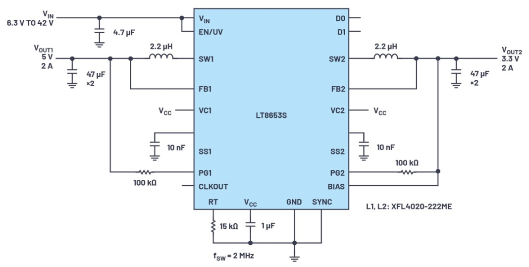 ADI <b class='flag-5'>LT8653S</b>具有低EMI、高效率的双通道2 A稳压器
