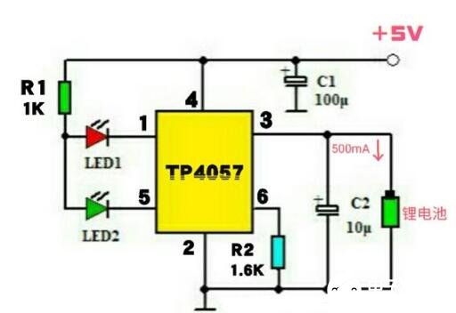 TP4057构成的锂电池充电电路