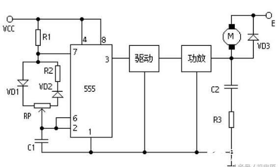 NE555构成的直流电机PWM调速器电路图