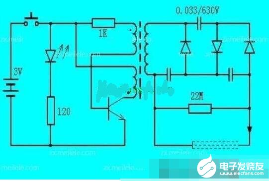 该电蚊拍的电路构成,主要包括电源指示电路,振荡电路,升压电路几部分