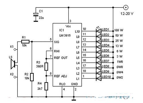 基于<b class='flag-5'>LM3915</b>的音量电平指示器电路