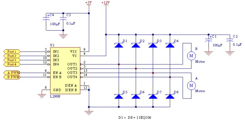 <b>L298N</b>驱动2个<b>直流电机</b>的电路