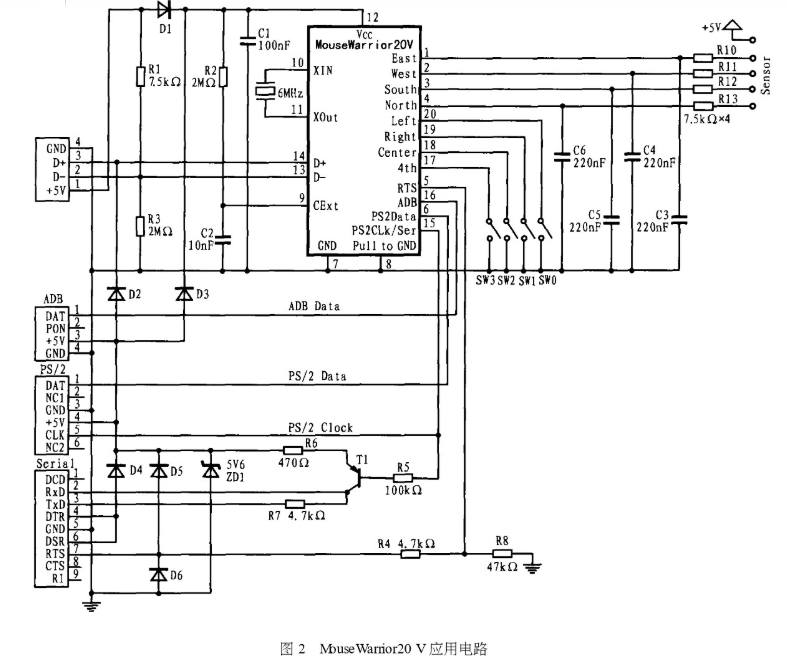 Mouse Warrior鼠标芯片的引脚功能及应用电路分析