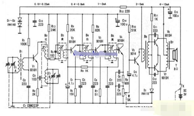 簡單的分立元件設計的中波收音機電路圖