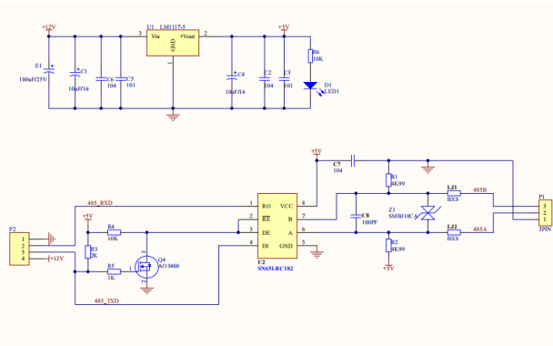 12V供电<b>UART</b>串口<b>转</b>RS485<b>转</b>换板的电路原理图免费下载