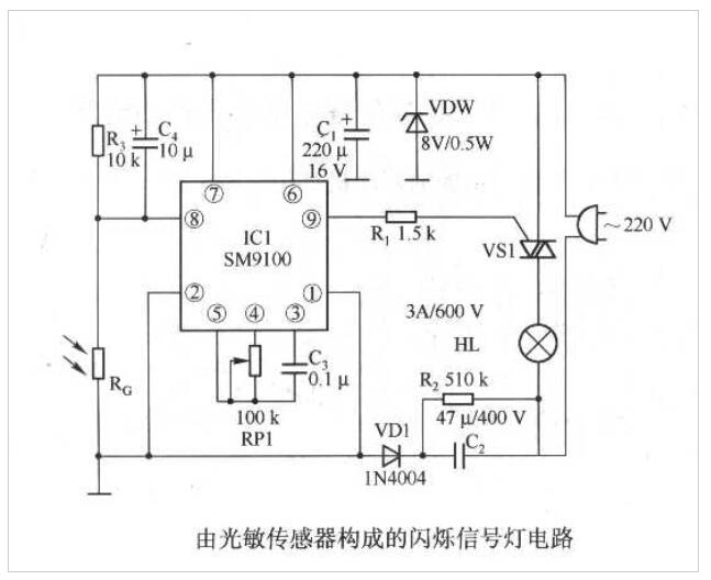 光敏传感器构成的闪烁信号灯电路