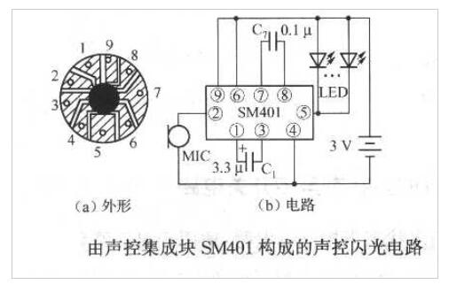 SM401聲控集成塊構成的聲控閃光電路