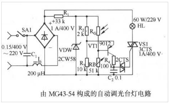 光电传感器MG43-54构成的自动调光台灯电路