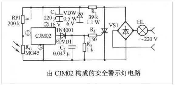 CJM02构成的安全警示灯电路