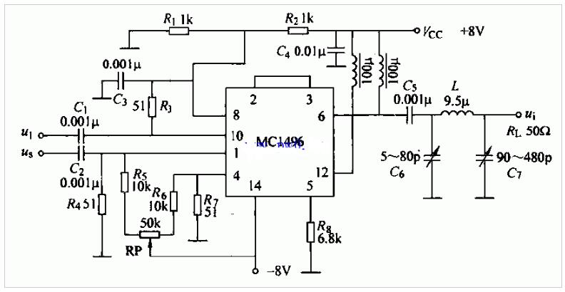 集成仿照乘法器(MC1496)構成的混頻電路