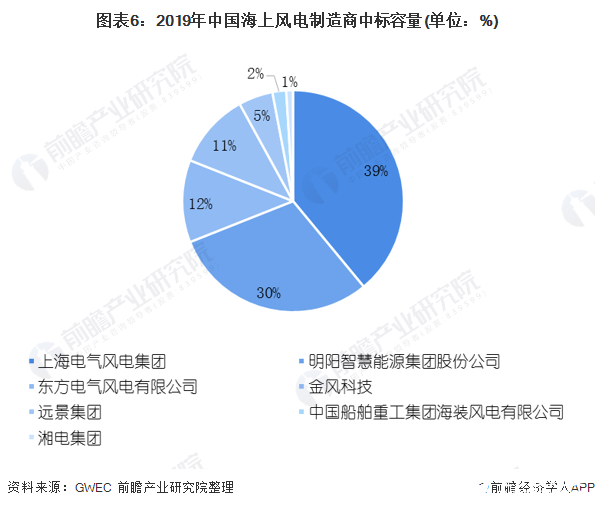 图表6：2019年中国海上风电制造商中标容量(单位：%)