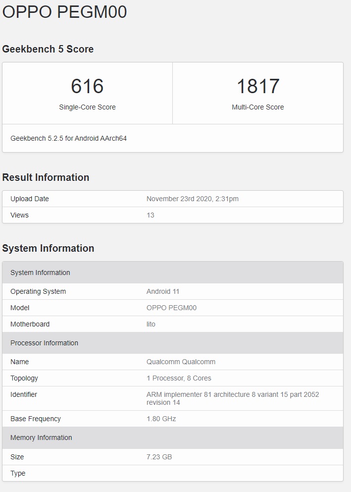 OPPO Reno5系列现身Geekbench:...
