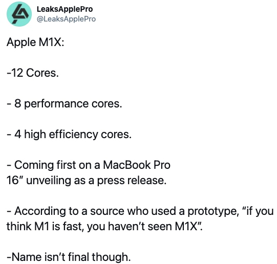 苹果自研芯片M1X将在16英寸MacBook Pro上首发