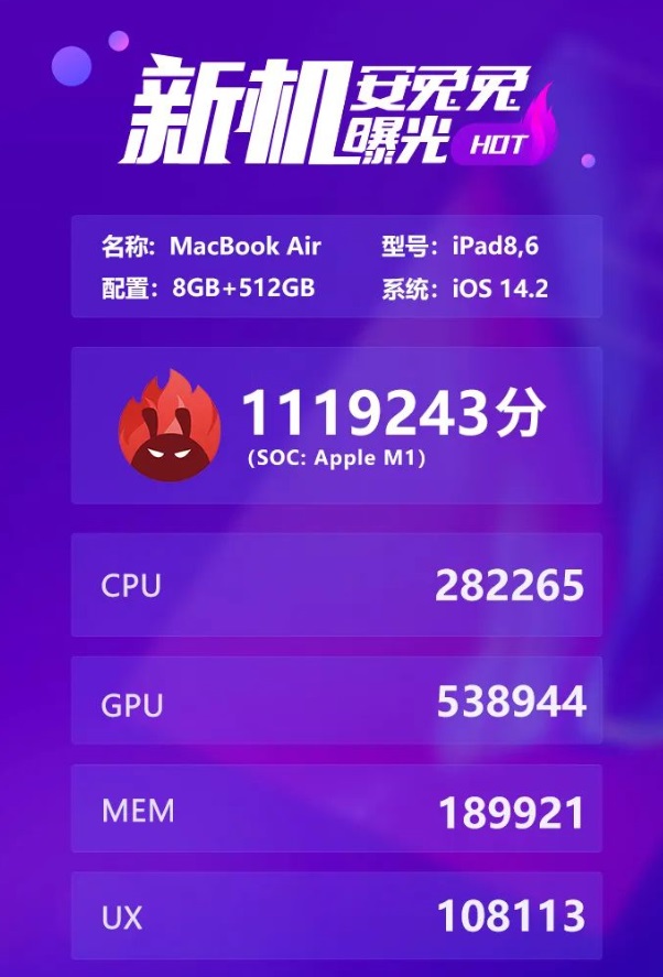 苹果M1 Mac Air跑分曝光:近112万
