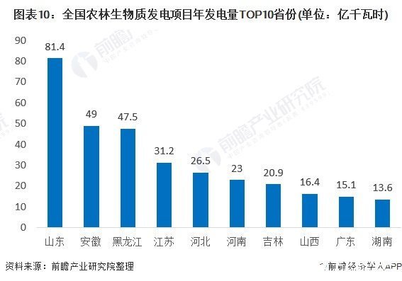 图表10：全国农林生物质发电项目年发电量TOP10省份(单位：亿千瓦时)