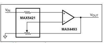 图4. 该精密放大器由精密电阻(MAX5421 IC)和通用的满摆幅运算放大器(MAX4493)组成。