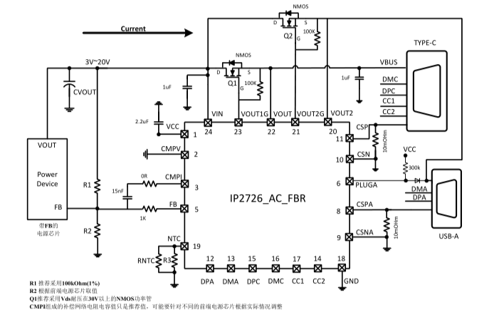 IP2726用于<b>USB</b>-A和和<b>TYPE-C</b>双<b>端口</b>输出的<b>快</b><b>充</b>协议IC的数据手册