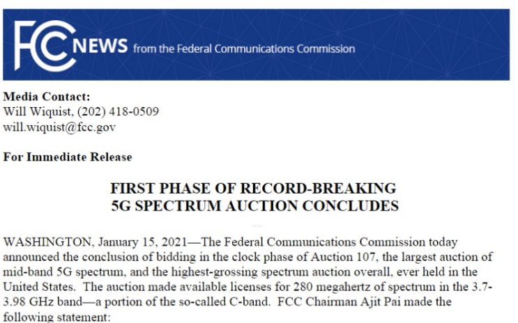 美国中频段5G频谱拍卖收入已超800亿美元