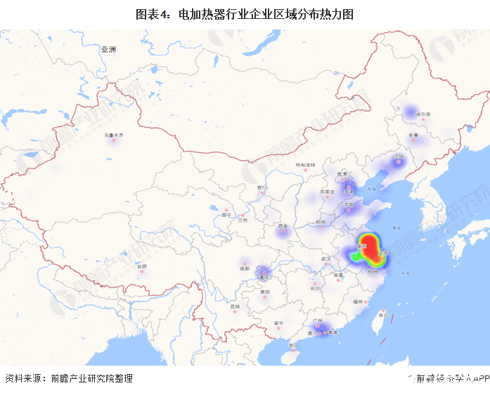 圖表4：電加熱器行業(yè)企業(yè)區(qū)域分布熱力圖