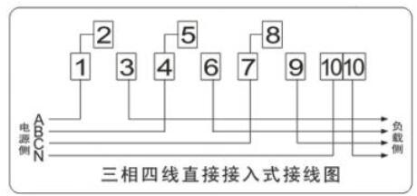 三相四线电表接线图直入式:c电流线经过互感器s1接入7号口,9号口经过