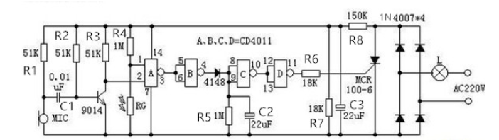 一個聲光雙控延時燈電路圖解析