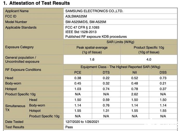 三星Galaxy A52 4G新机已获FCC认证 内置 4500 mAh 的电池