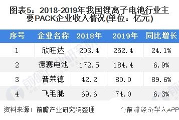 圖表5：2018-2019年我國鋰離子電池行業(yè)主要PACK企業(yè)收入情況(單位：億元)