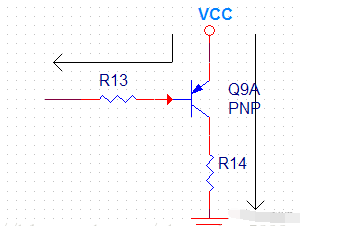對pnp三極管來說,最優的設計是,負載r14接在集電極和gnd之間.