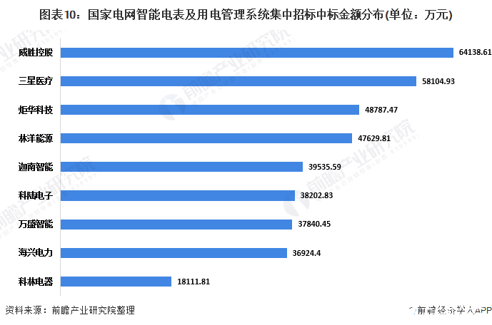 图表10：国家电网智能电表及用电管理系统集中招标中标金额分布(单位：万元)
