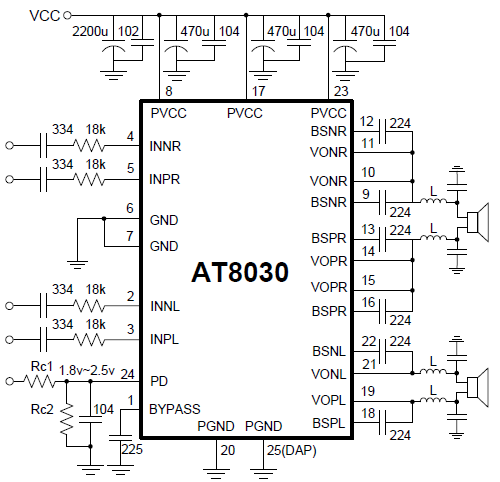 单芯片2.0声道防破音D类音频功放芯片AT8030