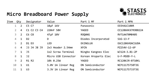 基于小型Micro USB連接電源安裝在標(biāo)準(zhǔn)無焊面包板的電源軌上