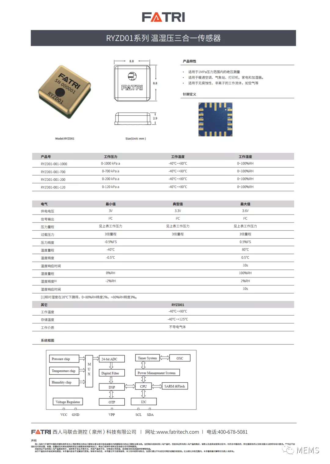 西人馬RYZD01系列溫濕壓三合一傳感器