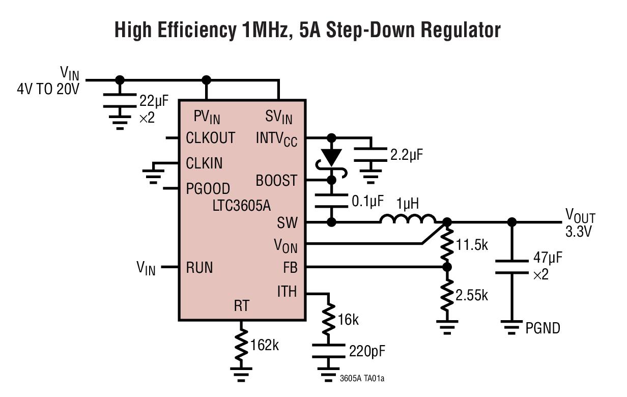 基于<b class='flag-5'>LTC3605A</b>_Typical Application直流到直流單輸出電源的參考設(shè)計(jì)