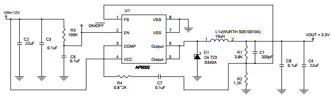 基于<b class='flag-5'>AP5002</b>_Typical Application直流到直流单输出电源的参考设计