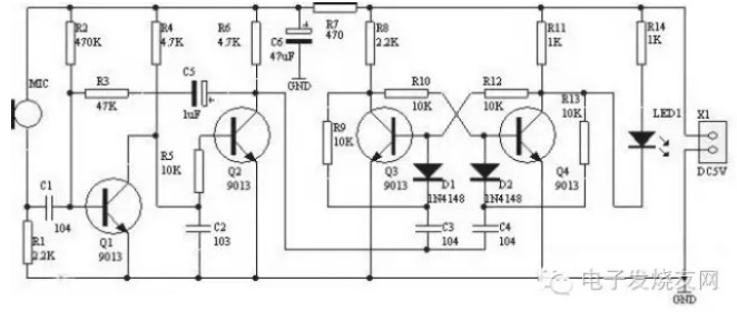 聲控電路工作原理（聲控延時門燈電路/DIY聲控開關電路/聲控閃光燈電路）