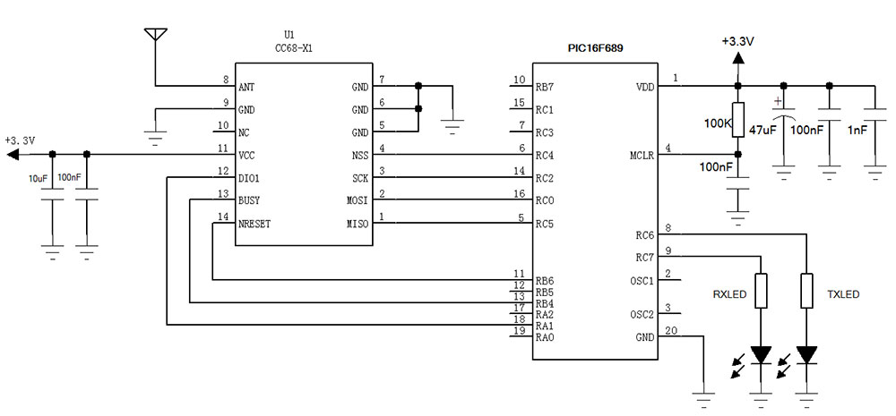 無線收發(fā)模塊LoRa-CC68-X1的典型應(yīng)用電路