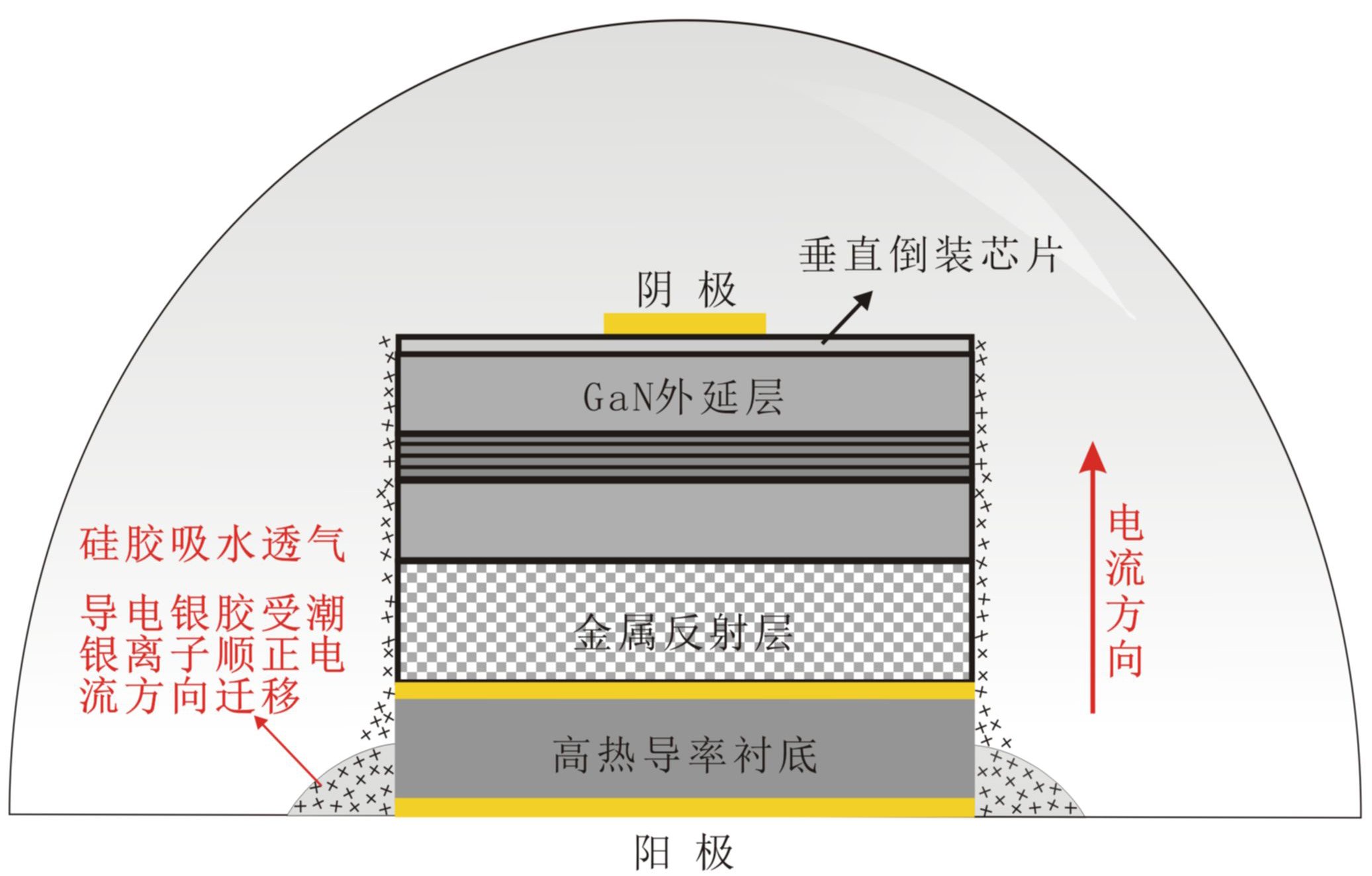 硅胶封装、银胶粘结的垂直倒装芯片漏电失效分析图