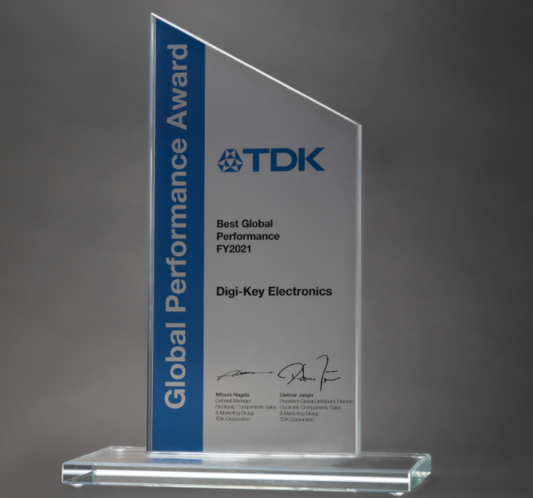TDK 授予Digi-Key Electronics 2021 年度全球最佳績效獎